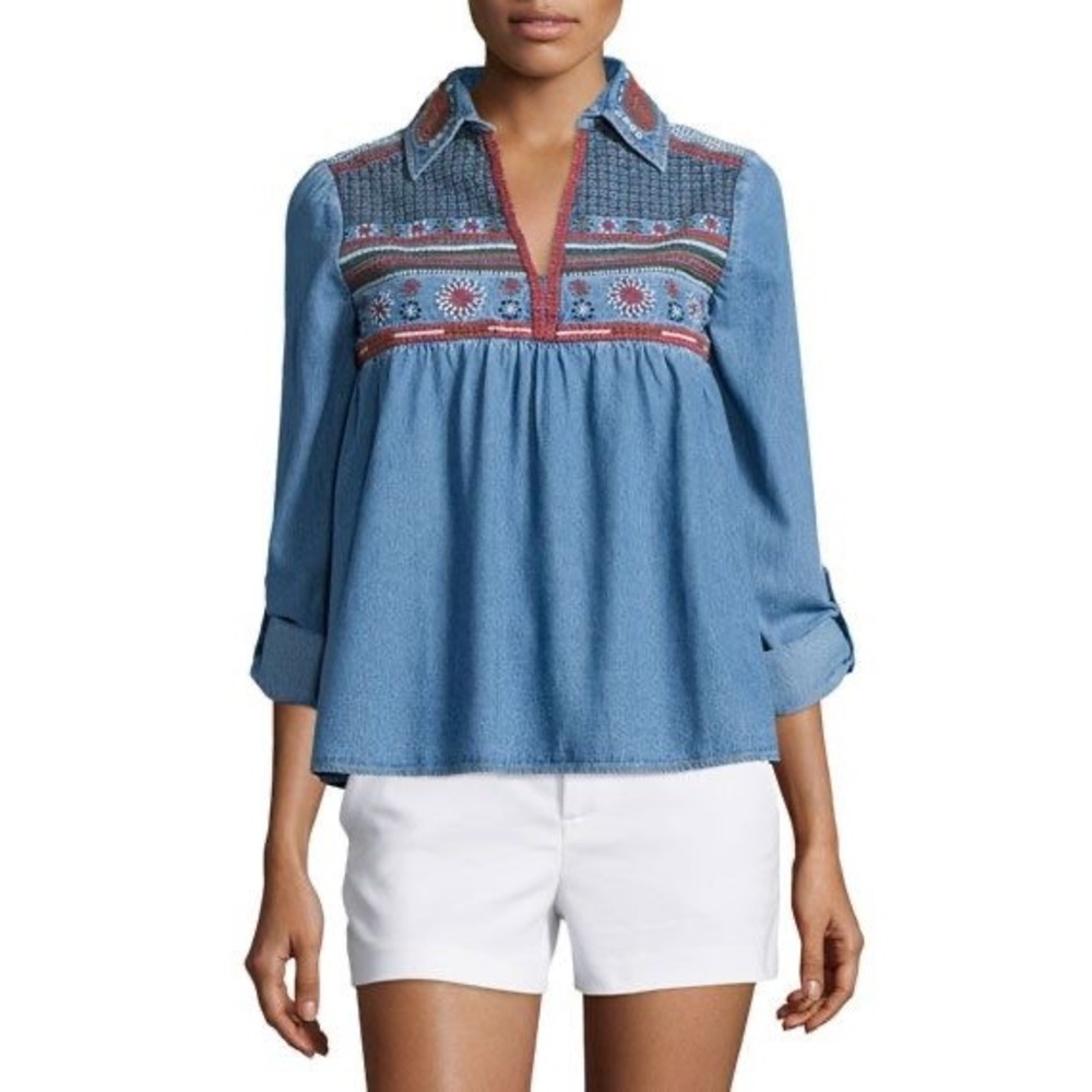 Alice Olivia Bergdorf Goodman Denim Embroidered Tunic Top Shirt Blue XS